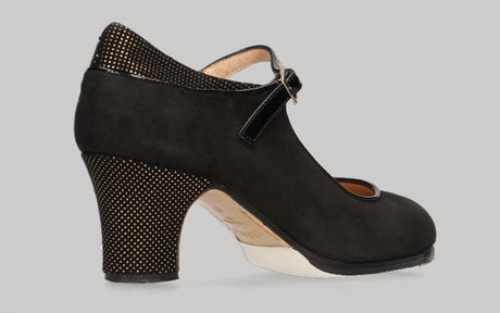 apato de baile Flamenco Profesional Combinado en Ante Negro y Fantasía con Hebilla