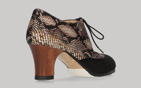 Zapato de baile Flamenco Profesional  Combinado en Ante Negro y Piel Fantasía Serpiente con Cordones