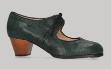 Zapato de baile Flamenco Profesional en Fantasía Serpiente Verde Botella con Cordones