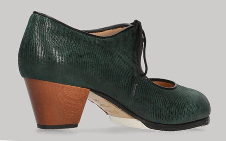 Zapato de baile Flamenco Profesional en Fantasía Serpiente Verde Botella con Cordones