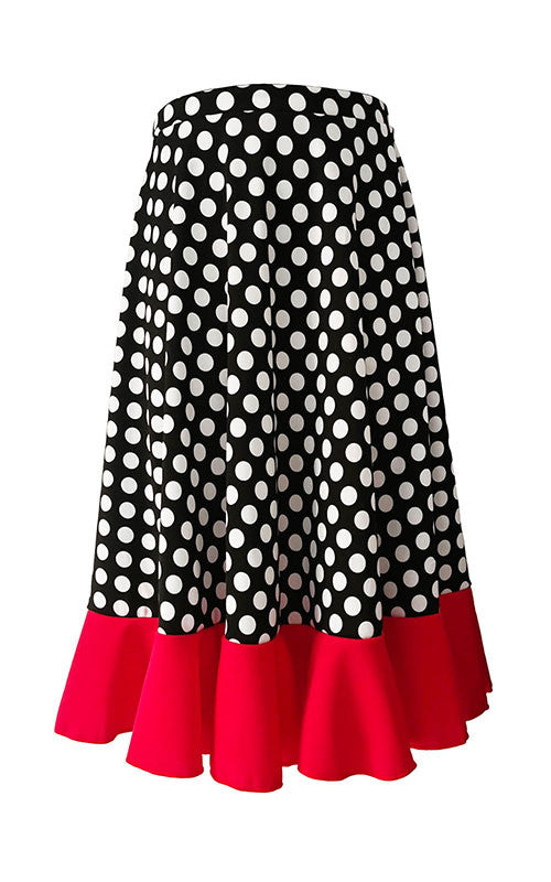 Falda Flamenco Niña Negra con Lunares Blancos y Volante Rojo
