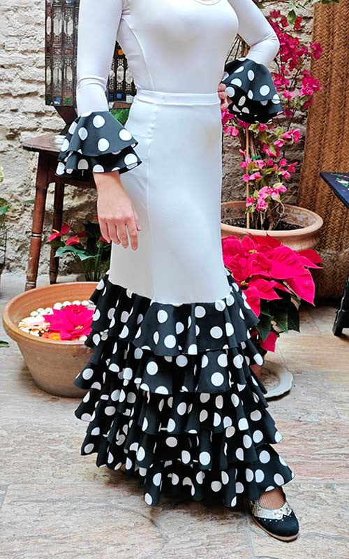 Falda Flamenco Zagra Blanca con 5 Volantes Estampados de Lunares