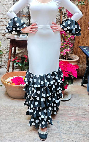 Falda Flamenco Zagra Blanca con 5 Volantes Estampados de Lunares