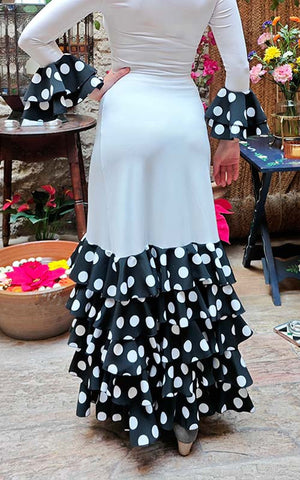 Falda Flamenco Zagra Blanca con 5 Volantes Estampados de Lunares