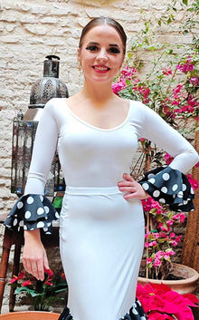 White flamenco top with polka dot ruffles on the sleeves
