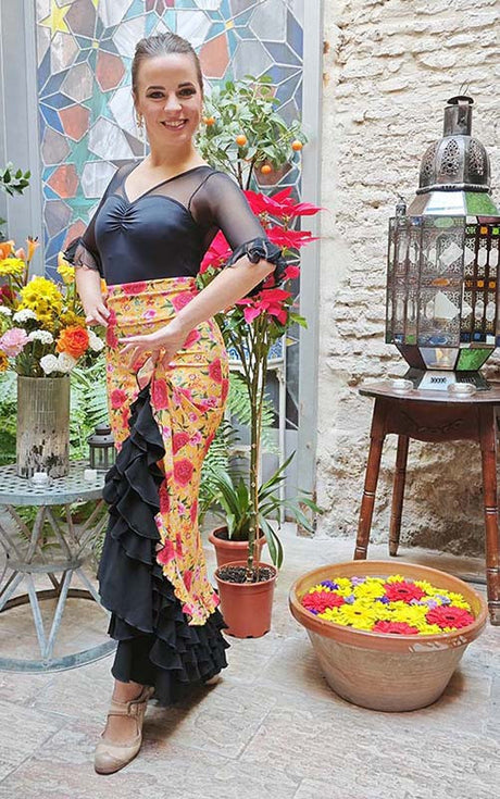 Jupe flamenco Albero à imprimé floral et volants noirs