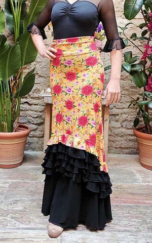 Falda Flamenco Albero Estampada de Flores y Volantes Negros