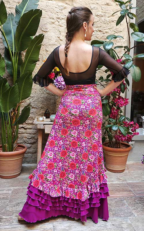 Falda Flamenco Buganvilla Estampada de Flores de Colores y Volantes Buganvilla