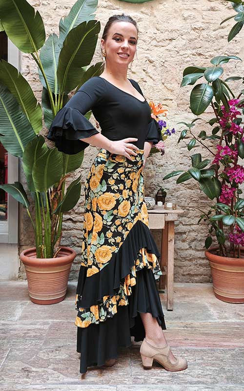 Falda Flamenco con Estampado de Flores Amarillas y Volantes Negros
