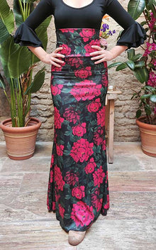 Falda Flamenco Negra con Flores de Gardenia en Rojo