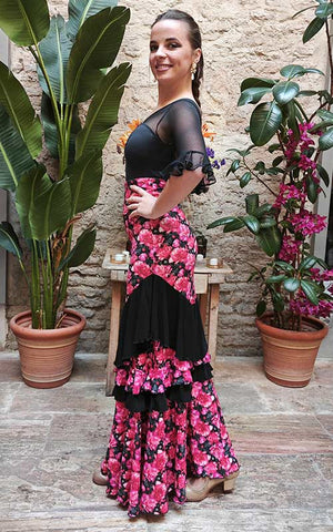 Falda Flamenco Estampada de Claveles y Volantes Negros Alternativos