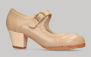 Chaussure de danse flamenco professionnelle en cuir beige à talon cubain