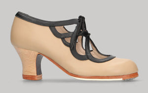 Chaussure de danse flamenco professionnelle combinée en cuir beige et ornements en cuir noir