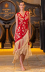 Robe rouge corail Espagne avec broderies beiges et franges