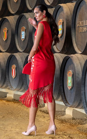 Robe Oloroso rouge corail à fleurs brodées