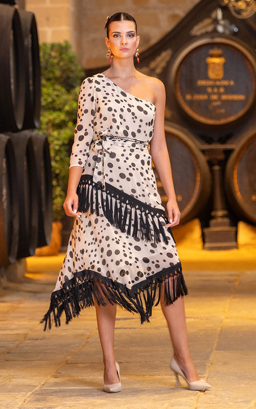 Beige Albariza Skirt with Black Polka Dots and Fringes