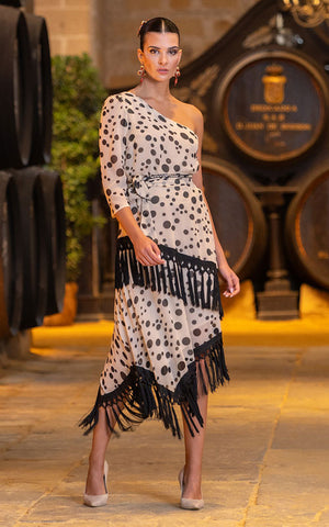 Beige Albariza Skirt with Black Polka Dots and Fringes