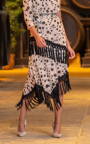 Beige Albariza Skirt with Black Polka Dots and Fringes
