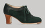 Professional flamenco dance shoe combining bottle green suede and fancy leather with laces