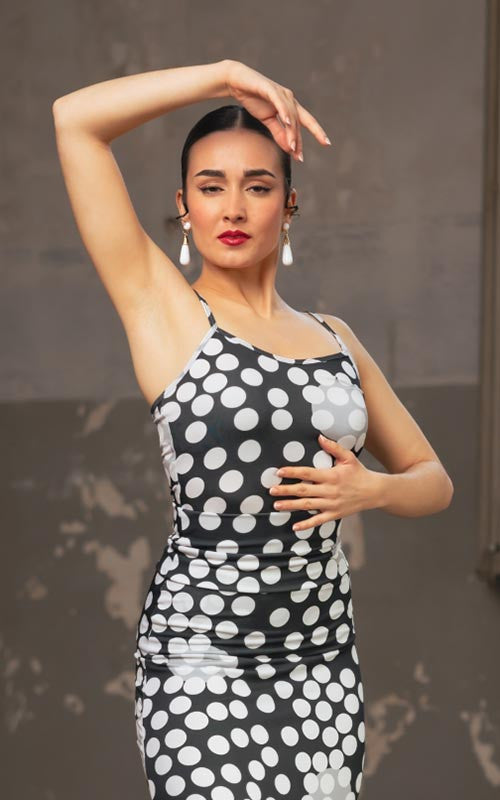 Black Flamenco Top with White Polka Dot Print
