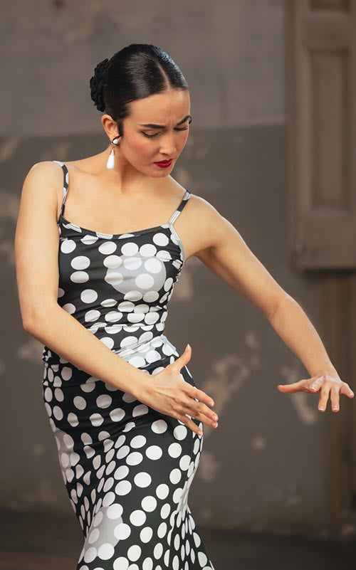 Black Flamenco Top with White Polka Dot Print