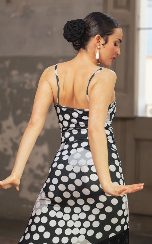 Black Flamenco Top with White Polka Dot Print