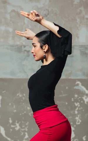 Black Boucher Flamenco Top with Red Embroidered Flower