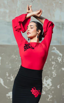Ruby Boucher Flamenco Top with Black Embroidered Flower