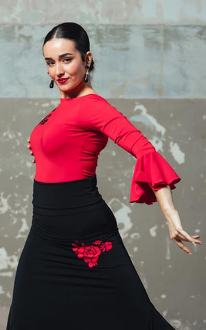 Ruby Boucher Flamenco Top with Black Embroidered Flower