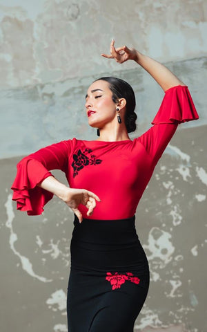 Ruby Boucher Flamenco Top with Black Embroidered Flower