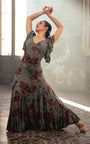 Flamenco dress with waves in khaki green with floral print