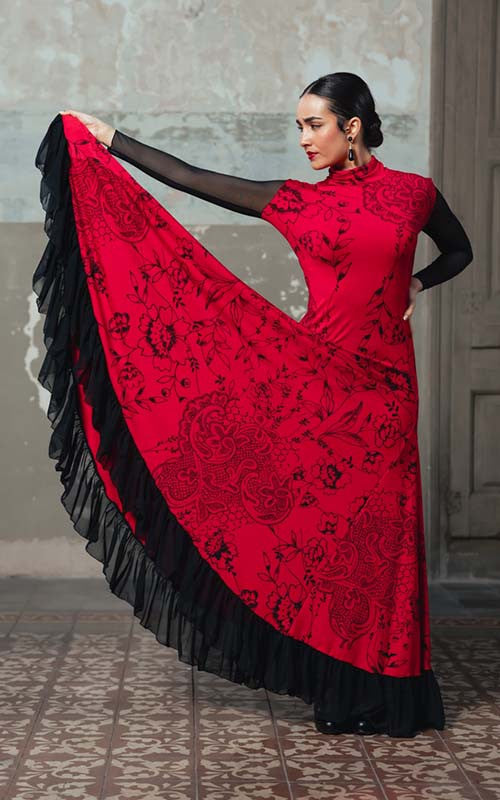Charmante robe de flamenco rouge à imprimé noir