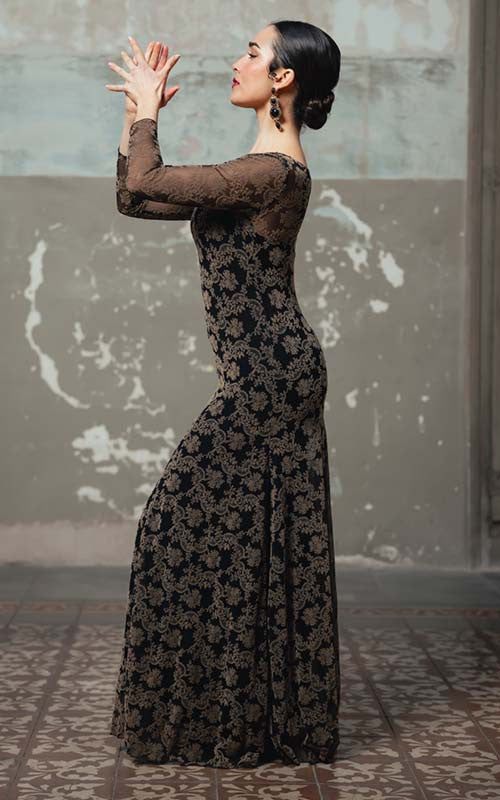 Rococo flamenco dress in Black stretch tulle with brown print