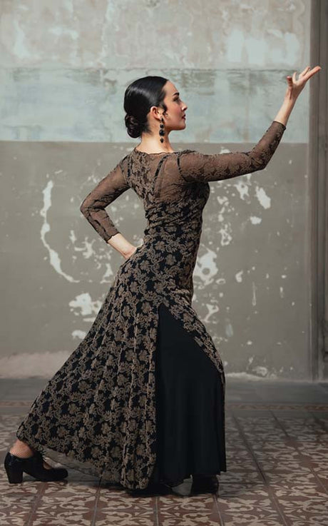 Robe de flamenco rococo en tulle extensible noir à imprimé marron