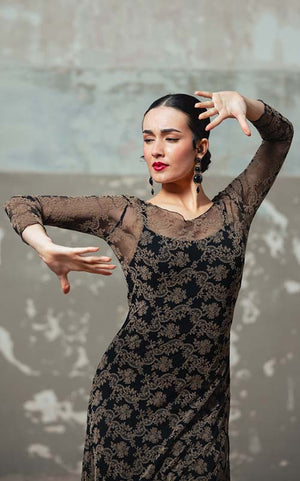 Robe de flamenco rococo en tulle extensible noir à imprimé marron