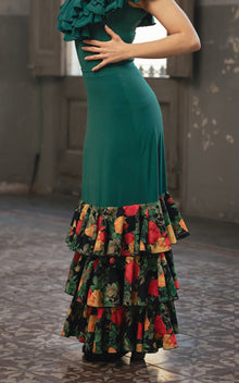 Jupe flamenco Aureola verte à 3 volants imprimés floraux