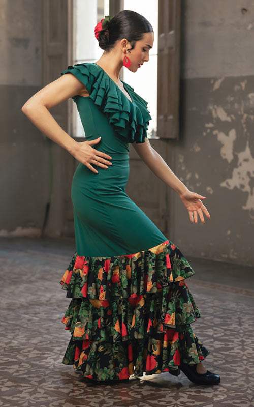 Jupe flamenco Aureola verte à 3 volants imprimés floraux