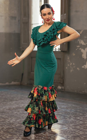 Jupe flamenco Aureola verte à 3 volants imprimés floraux