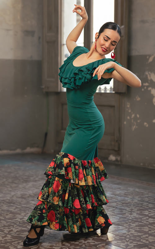 Jupe flamenco Aureola verte à 3 volants imprimés floraux