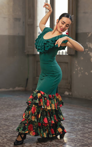 Jupe flamenco Aureola verte à 3 volants imprimés floraux