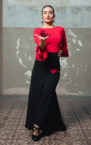 Falda Flamenco Voluta Entallada de Punto Elástico Negro