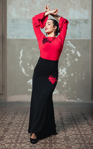 Falda Flamenco Voluta Entallada de Punto Elástico Negro