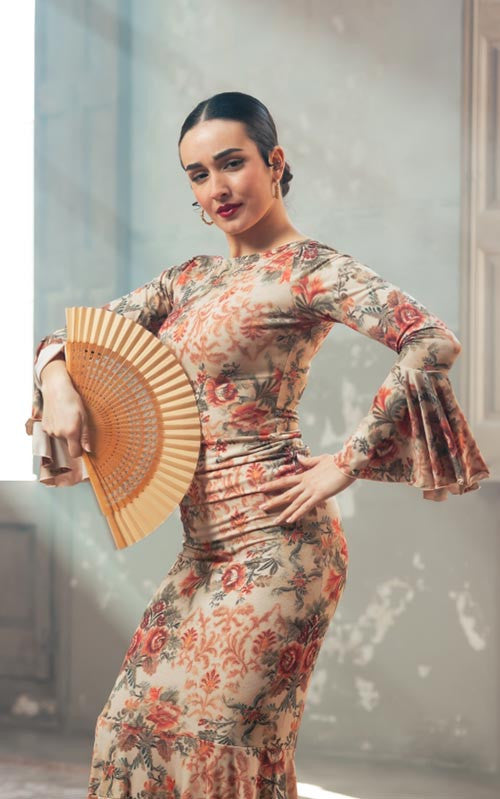 Printed Flamenco Top with Ruffle Sleeves and Boat Neckline