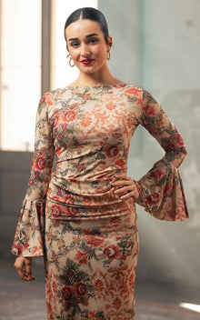 Printed Flamenco Top with Ruffle Sleeves and Boat Neckline