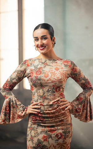 Printed Flamenco Top with Ruffle Sleeves and Boat Neckline