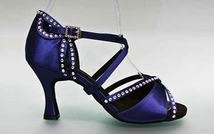 Chaussure de danse de salon bleu violet avec strass en cristal sur la tige et le talon