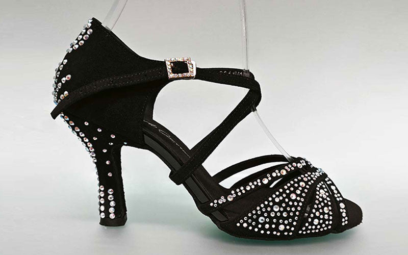 Chaussure de danse de salon en daim noir avec plusieurs strass en cristal