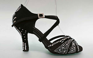 Chaussure de danse de salon en daim noir avec plusieurs strass en cristal