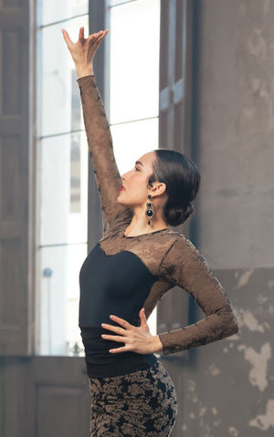 Body noir en microfibre à manches longues et tulle noir à imprimé marron