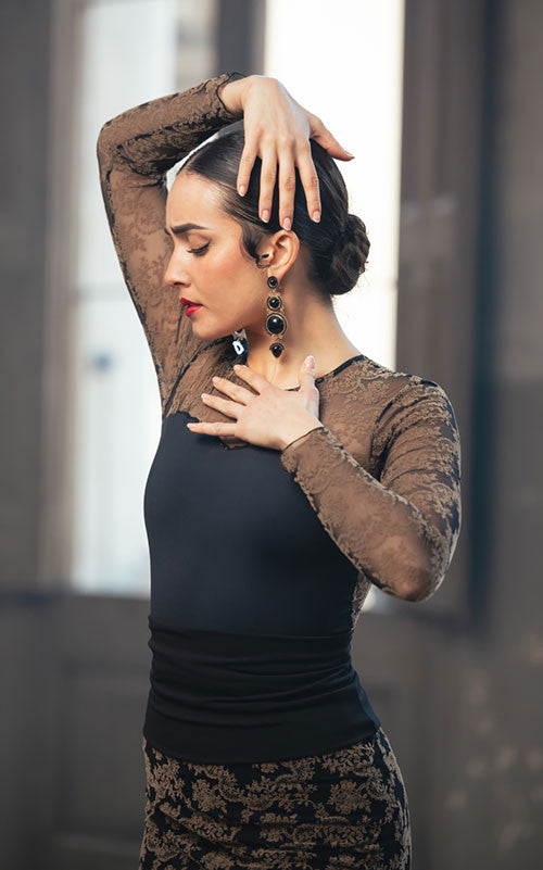 Body noir en microfibre à manches longues et tulle noir à imprimé marron